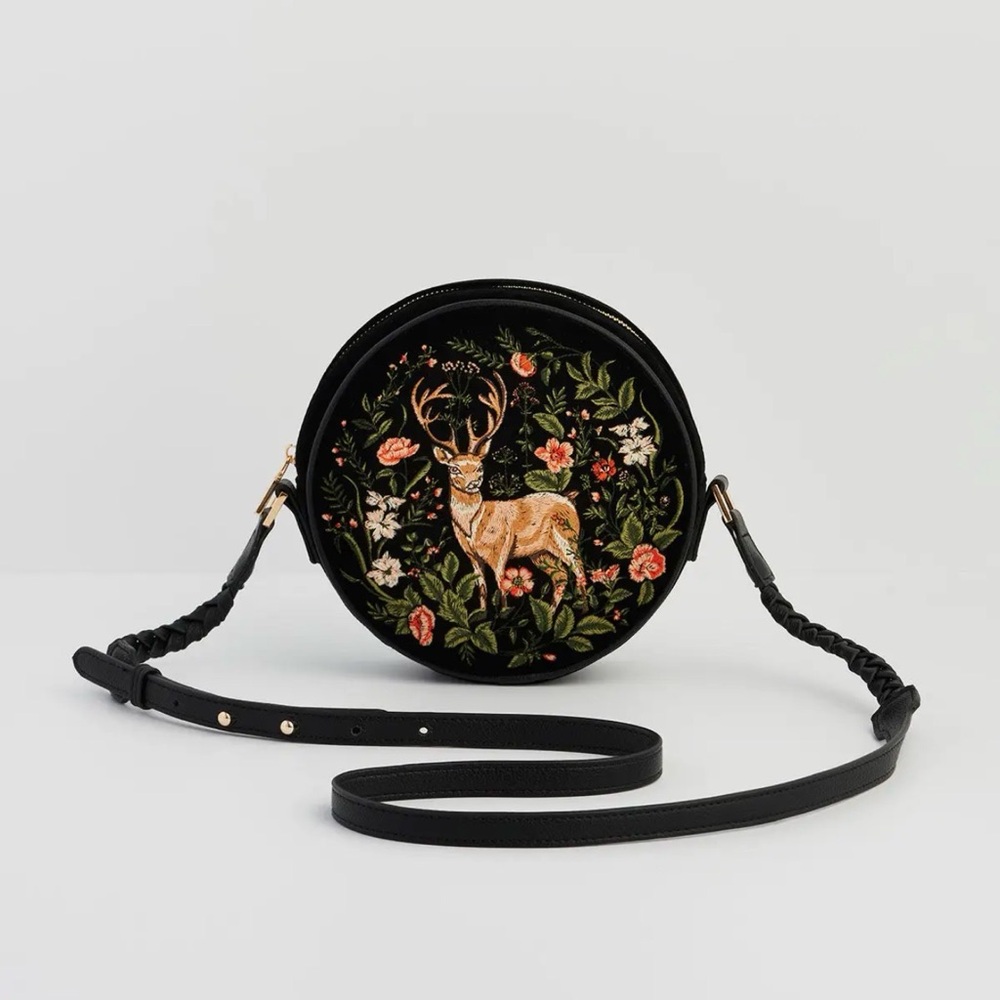 Aurora Fawn Embroidered Black Circle Bag NWT